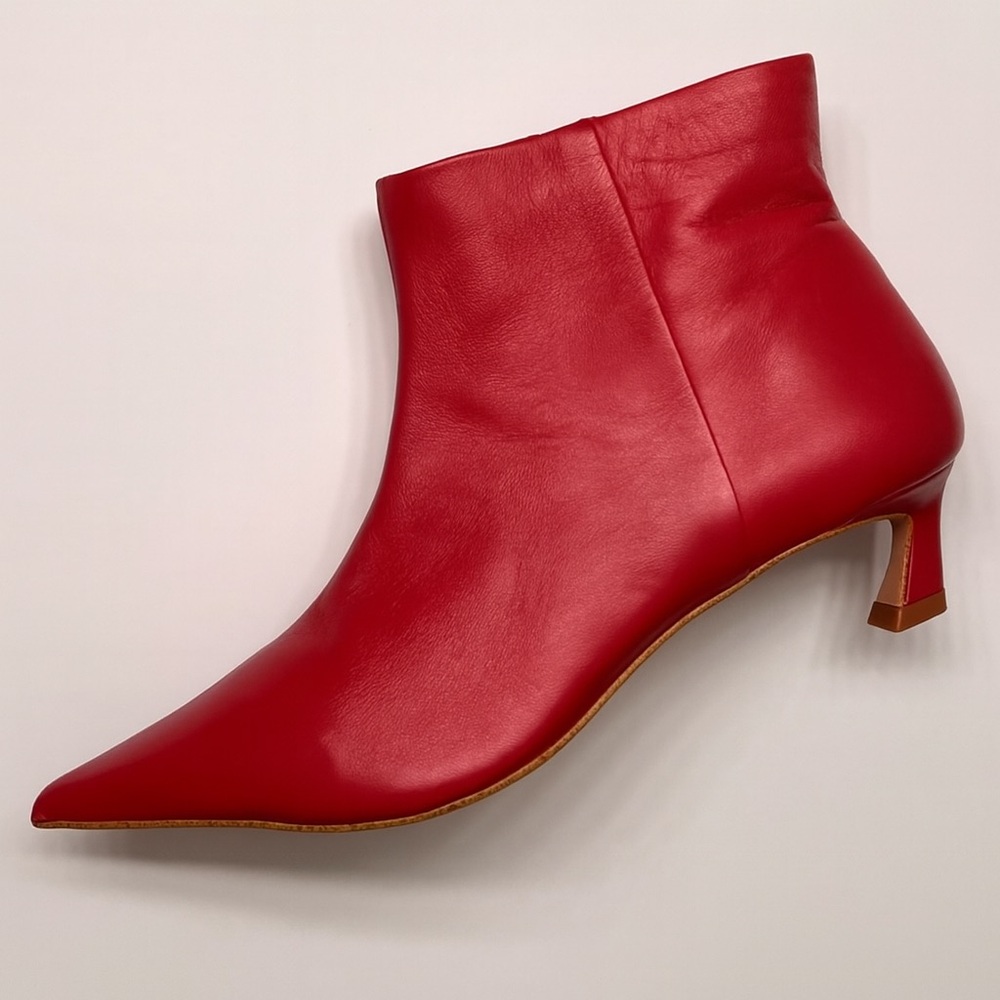 Red Leather Pointed-Toe Ankle Bootie
